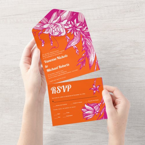 Magenta and orange line art flowers wedding all in one invitation