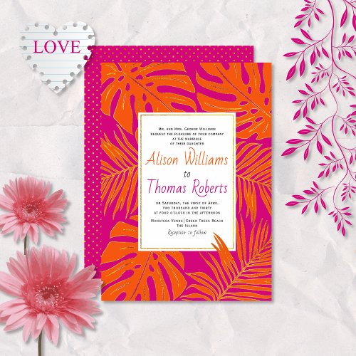 Magenta and orange tropical leaves wedding invitation