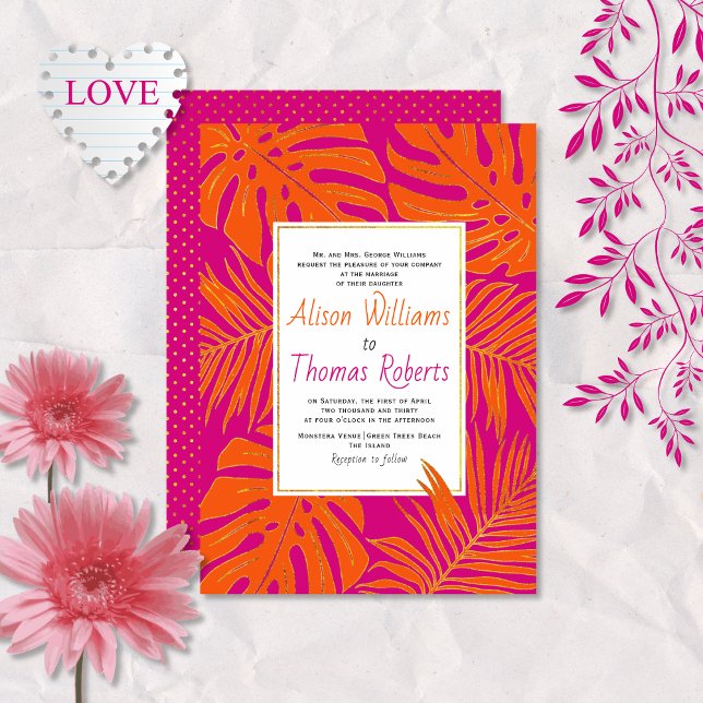 Magenta and orange tropical leaves wedding invitation (Creator Uploaded)