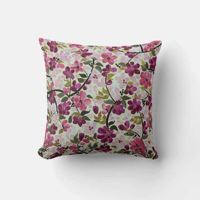 Magenta and Pink Floral Painting Design Throw Pillow (Front)