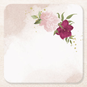 magenta and pink flowers greenery wedding  square paper coaster