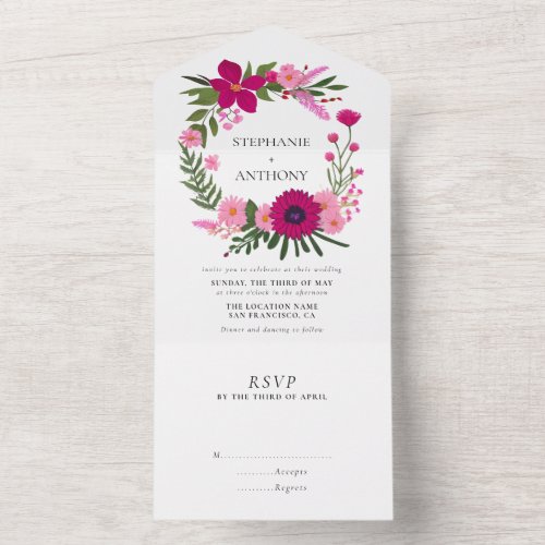 Magenta and Pink Wild Flowers Wreath Wedding All In One Invitation