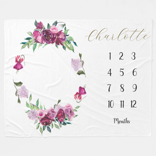 Magenta and Plum floral Baby 1st year Milestone Fleece Blanket (Front (Horizontal))