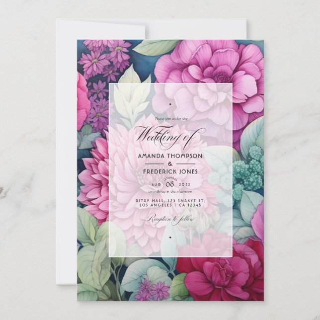 Magenta and Sage Floral Fall Wedding Invitation (Front)