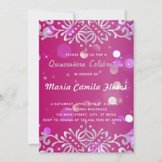 Magenta And Silver Elegant Shimmery Quinceañera Invitation