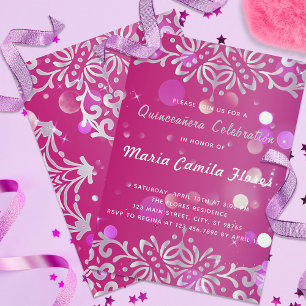 Magenta And Silver Elegant Shimmery Quinceañera Invitation
