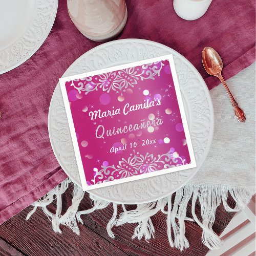 Magenta And Silver Elegant Shimmery Quinceaera Napkins