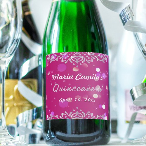 Magenta And Silver Elegant Shimmery Quinceaera Sparkling Wine Label