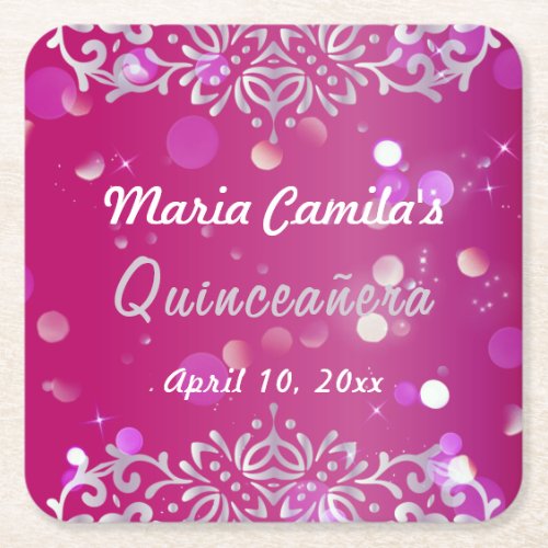 Magenta And Silver Elegant Shimmery Quinceaera Square Paper Coaster