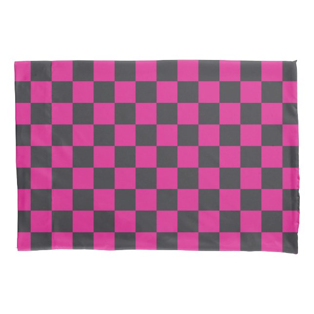 Magenta and smoke checkerboard pattern pillow case (Front-Left)