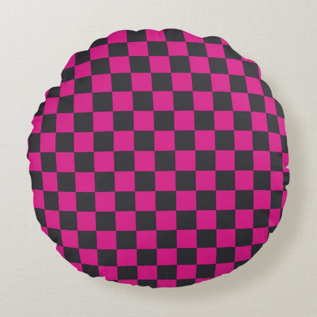 Magenta and smoke checkerboard pattern round pillow (Front)