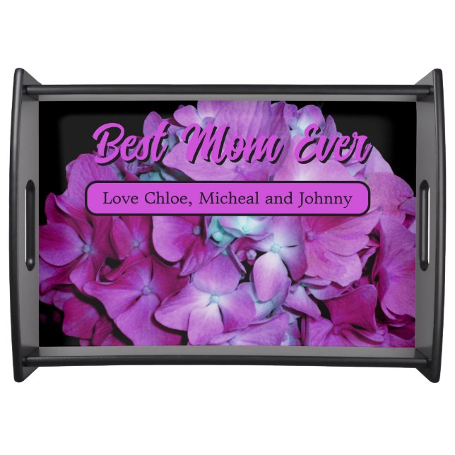 Magenta  and teal hydrangeas best mom ever serving tray (Front)