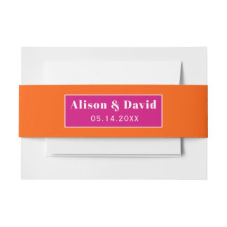 Magenta and vibrant orange simple wedding invitation belly band