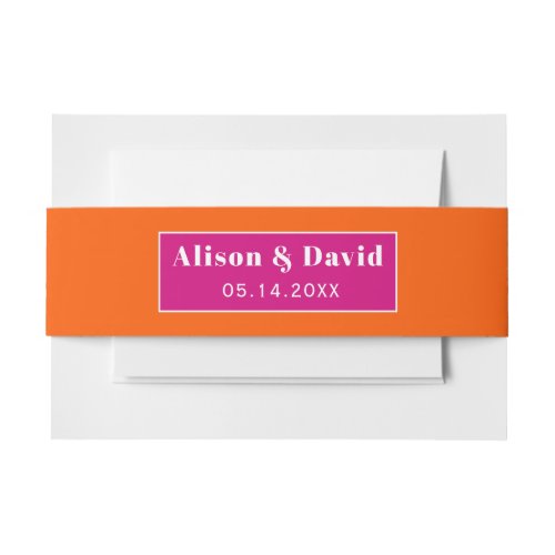 Magenta and vibrant orange simple wedding invitation belly band