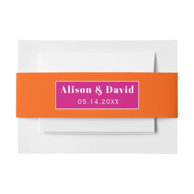 Magenta and vibrant orange simple wedding invitation belly band (Front Example)