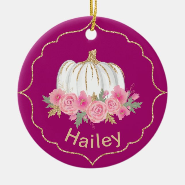 Magenta and White Fairytale Princess Pumpkin Ceramic Ornament (Front)