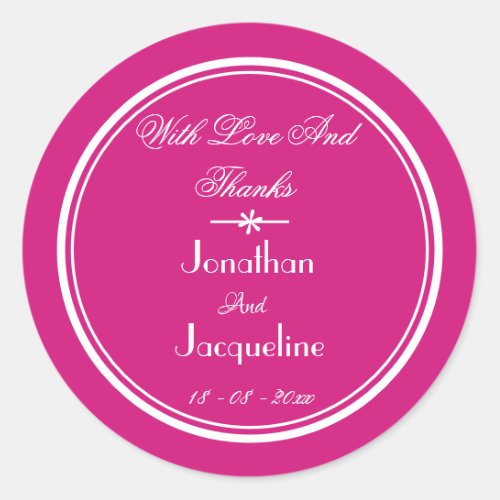 Magenta And White Thank You Wedding Favor Classic Round Sticker