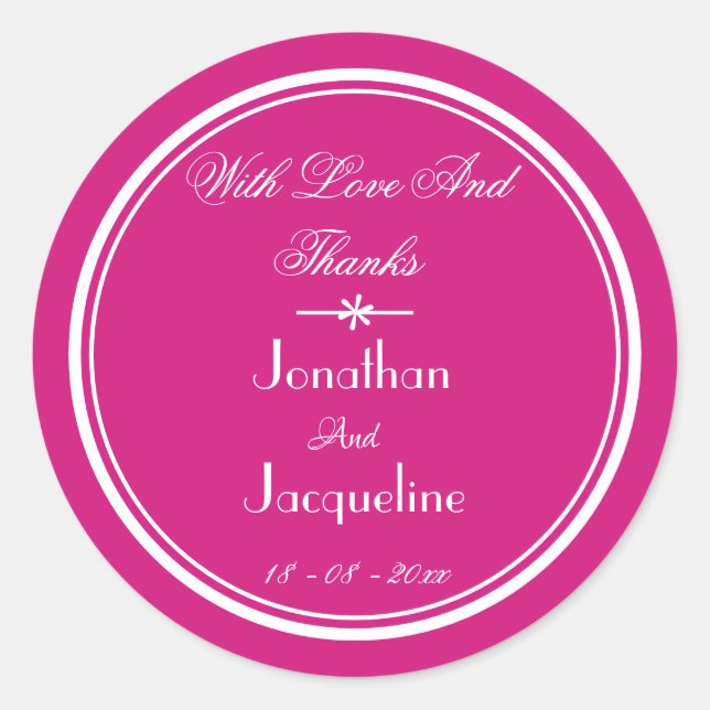 Magenta And White Thank You Wedding Favor Classic Round Sticker (Front)