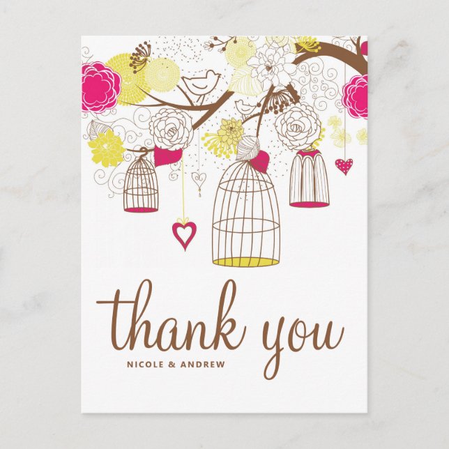 Magenta and Yellow Birdcages Thank You Postcard (Front)