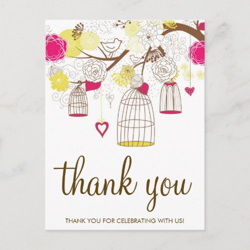 Magenta and Yellow Birdcages Thank You Postcard