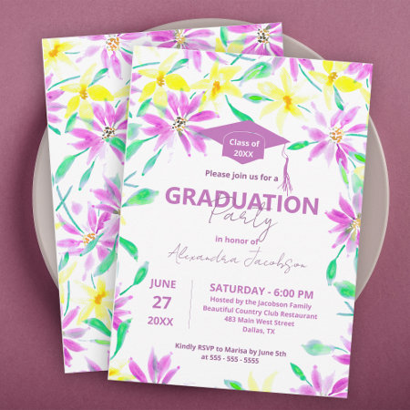 Magenta and Yellow Watercolor Flowers Graduation