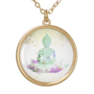 *~* Magenta Aqua Buddha AP33 Floral Lotus Gold Plated Necklace