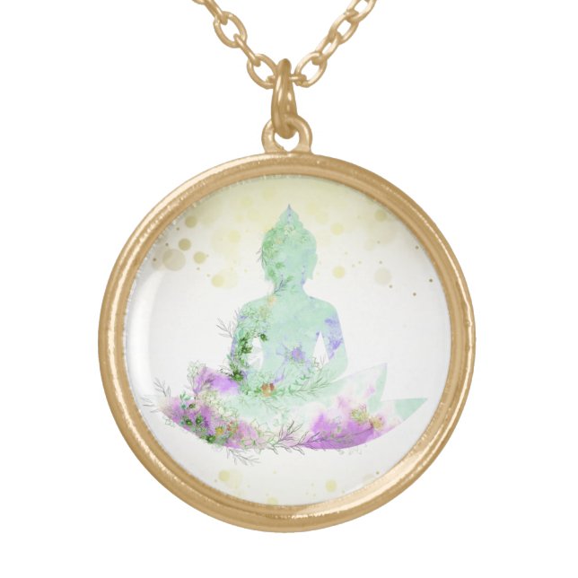 *~* Magenta Aqua Buddha AP33 Floral Lotus Gold Plated Necklace (Front)