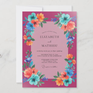 Magenta Aqua Wildflower Wedding Invitation