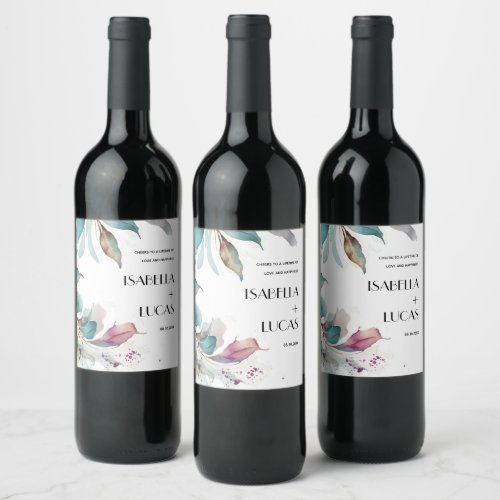 Magenta Aquamarine Watercolor Wedding Wine Label