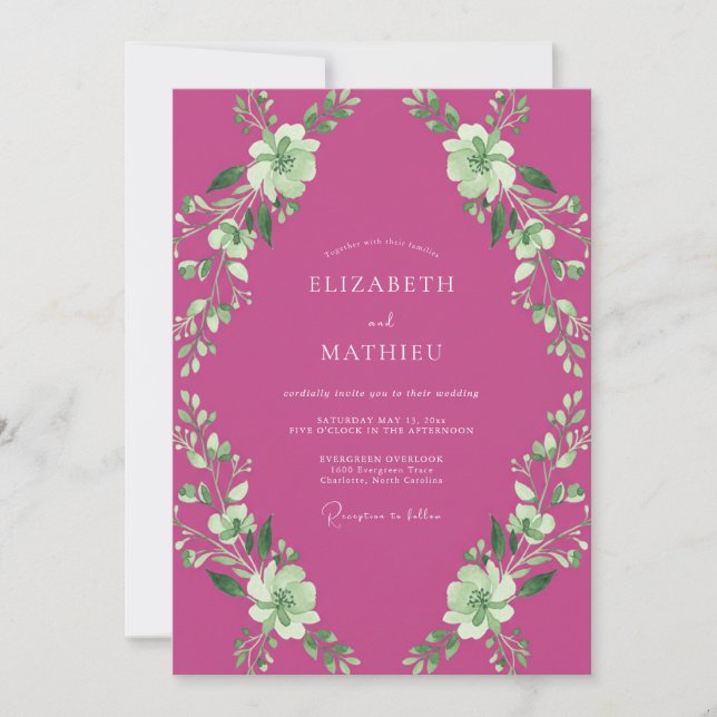 Magenta Artistic Botanical Wedding Invitation (Front)