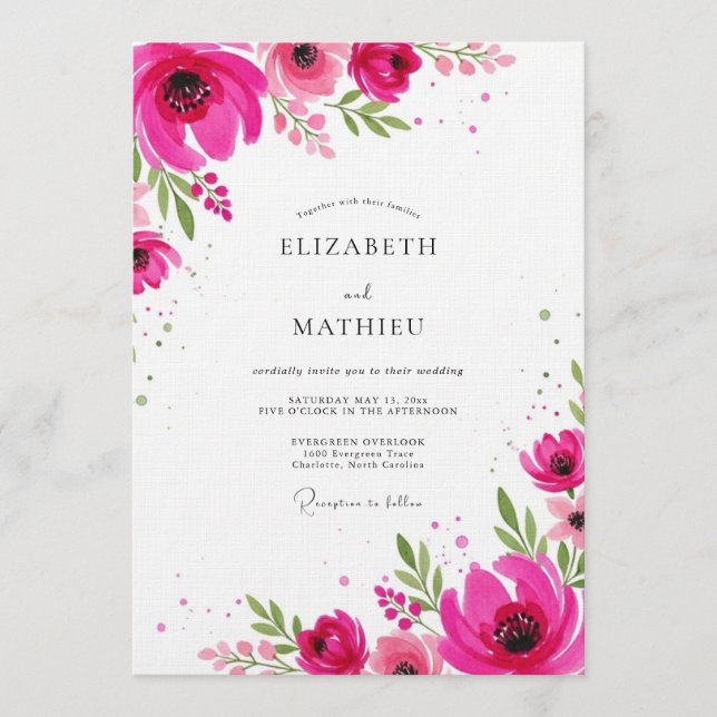 Magenta Artistic Floral Wedding Invitation (Front)