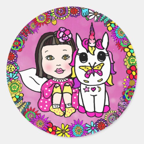 Magenta Asian Fairy and Unicorn Classic Round Sticker