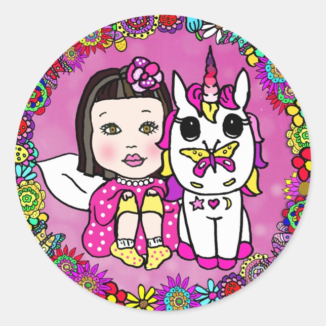 Magenta Asian Fairy and Unicorn Classic Round Sticker (Front)