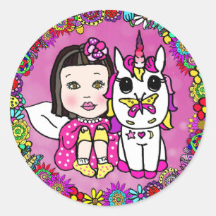 Magenta Asian Fairy and Unicorn Classic Round Sticker
