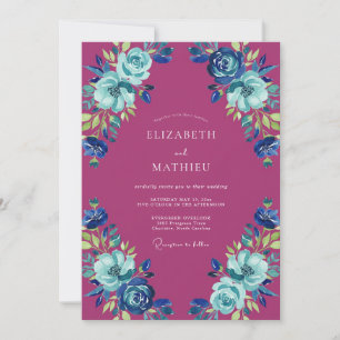 Magenta Azure Ranunculus Eucalyptus Wedding Invitation