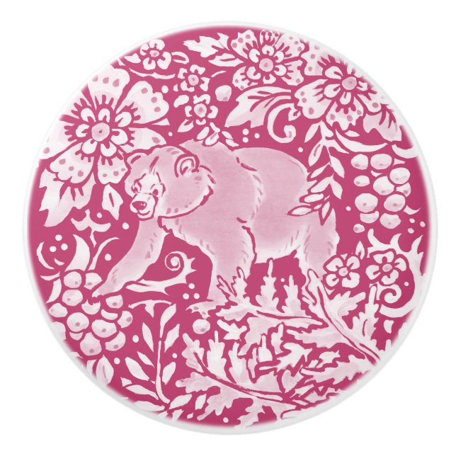 Magenta Bear Floral Forest Woodland Burgundy Ceramic Knob (Front)