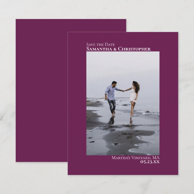 Magenta Berry Vertical Photo Minimalist Wedding Save The Date (Front/Back)