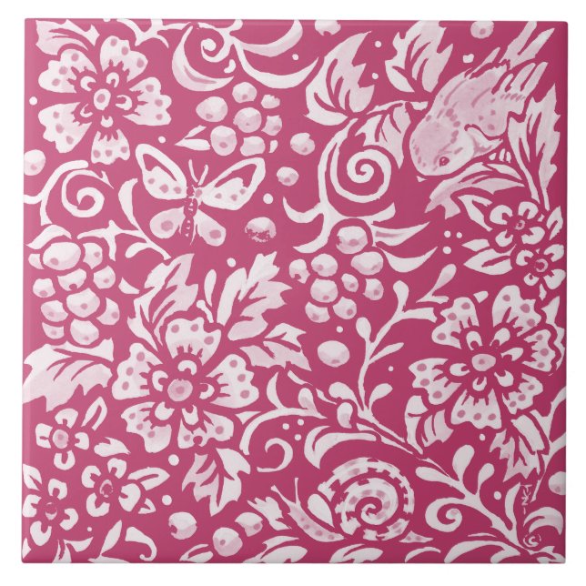 Magenta Birs Insect Woodland Animal Nature Floral Ceramic Tile (Front)