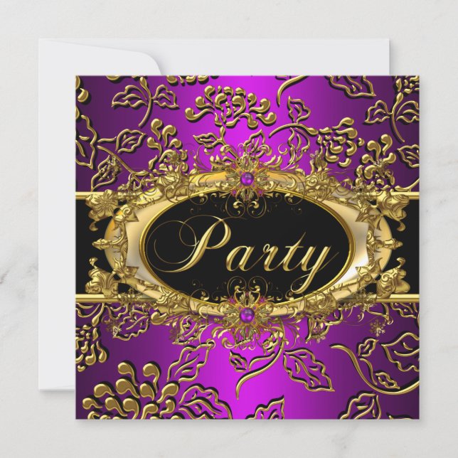 Magenta Birthday Party Damask Purple Pink Gold Invitation (Front)