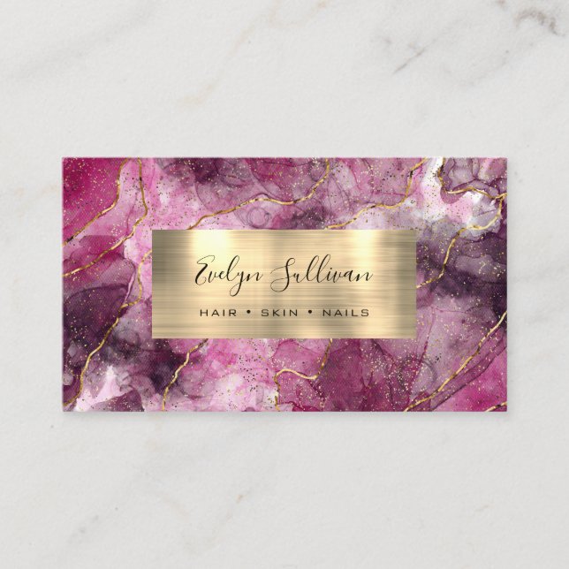 magenta black Watercolor Gold Veins Business Card (Front)