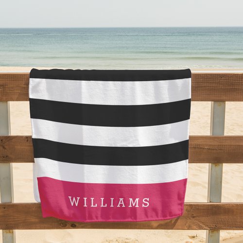 Magenta  Black  White Stripe Personalized Beach Towel