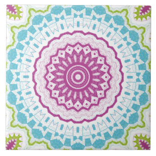 Magenta Blue and Green Mandala Pattern Ceramic Tile