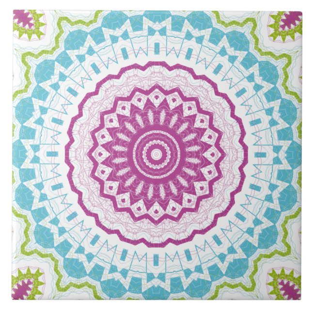 Magenta Blue and Green Mandala Pattern Ceramic Tile (Front)