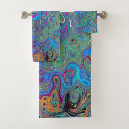 Magenta Blue and Sea Foam Green Retro Swirl Bath Towel Set