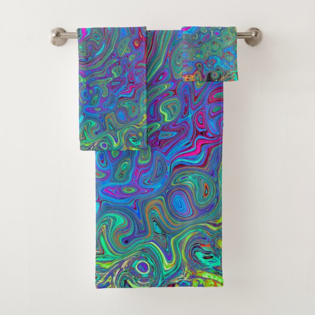 Magenta, Blue and Sea Foam Green Retro Swirl Bath Towel Set (Insitu)