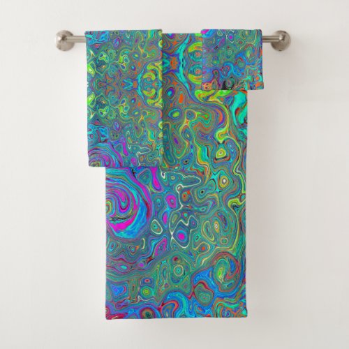 Magenta Blue and Sea Foam Green Retro Swirl Bath Towel Set