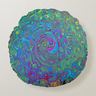 Magenta, Blue and Sea Foam Green Retro Swirl Round Pillow