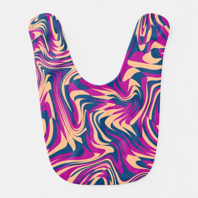 Magenta Blue Beige Abstract Fluid Wave Swirls Baby Bib (Front)