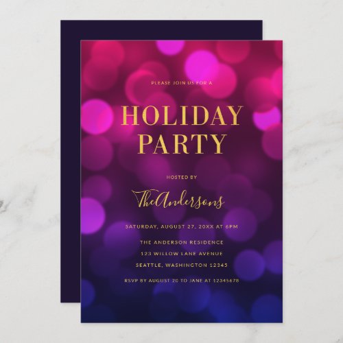 Magenta Blue Bokeh Lights Faux Gold Holiday Party Invitation