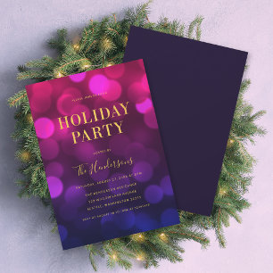 Magenta Blue Bokeh Lights Faux Gold Holiday Party Invitation